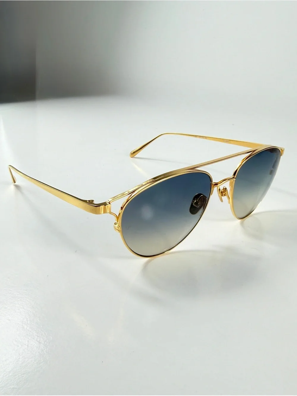 Linda Farrow Omar Aviator Sunglasses Gold Blue LFL804 C7 Titanium NWT Full Set
